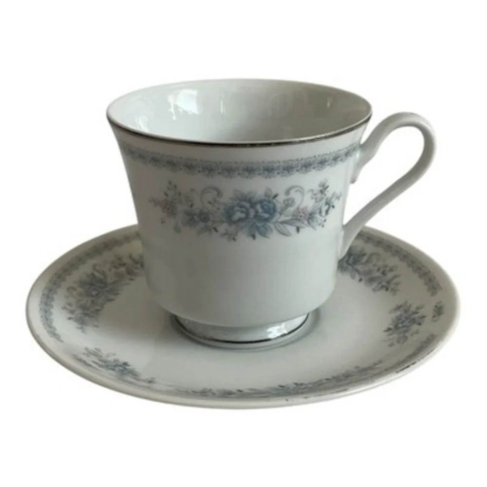 Christine Fine Porcelain China Japan Teacup Saucer Set Blue Floral Platinum VG